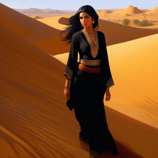 Prompt: Third person, gameplay, Algerian girl, tan skin, black hair, hazel eyes, desert, golden atmosphere, cartoony style, extremely detailed painting by Greg Rutkowski and by Henry Justice Ford and by Steve Henderson 