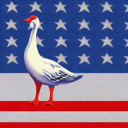 Prompt: realistic goose usa flag behind it bright stars dull coloring
