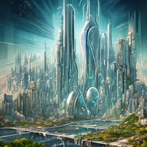 Prompt: "Visions of Tomorrow: Create an illustration envisioning a futuristic cityscape. Imagine a bustling metropolis filled with advanced technology, sustainable architecture, and a harmonious blend of nature and urban life. Your artwork should reflect the potential of human innovation while maintaining an eco-friendly and visually stunning environment."