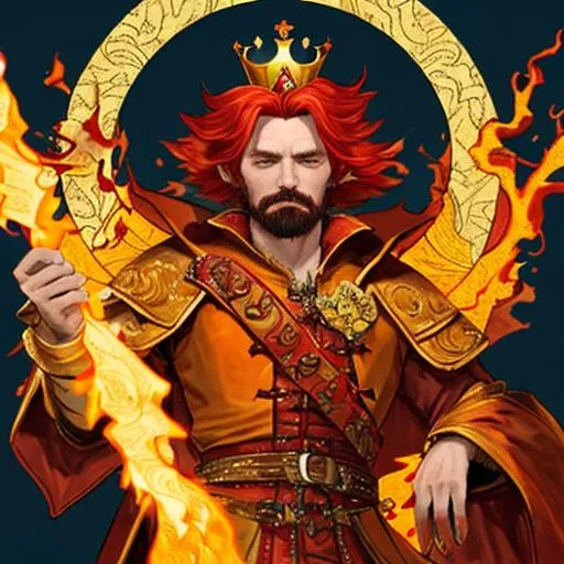 Prompt: King: Ignatius Flameheart
Description: King Ignatius is a fierce and resilient leader, embodying the fiery spirit of Emberhaven. With his blazing red hair and a crown adorned with flames, he rules with unwavering determination and a strong sense of justice. King Ignatius is dedicated to the prosperity and protection of his kingdom and its inhabitants.