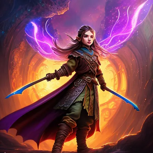 Prompt: Warm colors, 3D, HD, oil painting, D&D fantasy, create an intricately detailed, full body. Level 40 Hero, hobbit girl with brown skin, (tiny mature body), hexblade warlock, swirling magical lights, wearing purple robes, glasses, 