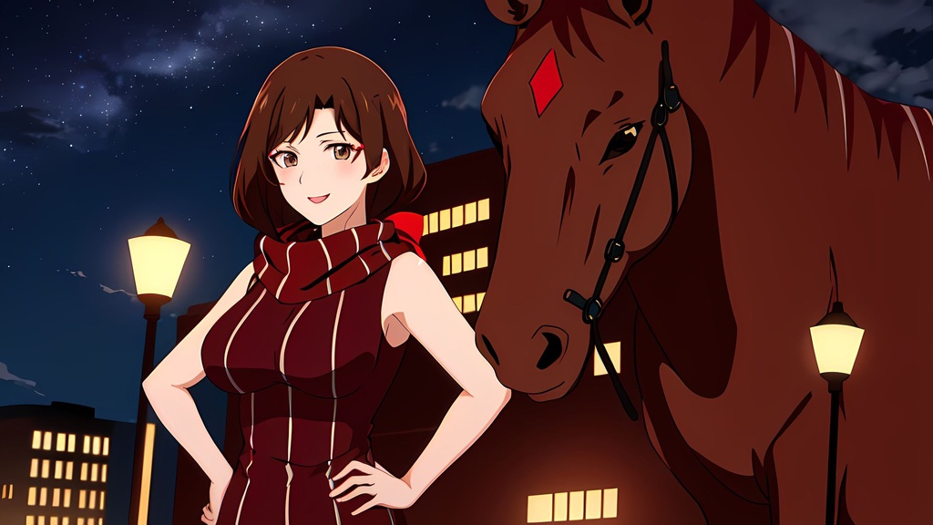 Prompt: ((best quality)), ((illustration)), ((masterpiece)), unreal engine, 3D, artstation, high quality, highres, absurdres, 1girl, solo, single, brown hair, mole under eye, short hair, mole, red ribbon, night, makeup, sky, hand on hip, lipstick, night sky, sleeveless, scarf, bare shoulders, star \(sky\), brown eyes, striped, smile, vertical stripes, starry sky, <lora:TangYue:1>