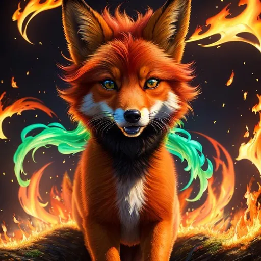 Prompt: (8k, 3D, UHD, highly detailed, hyper detailed, masterpiece, detailed oil painting) portrait of beautiful young [fire elemental] ((fox)), (canine quadruped), adolescent female, silky crimson-red fur, {yellow-green eyes}, 8k eyes, youthful, lively, lithe, bounding, black fur highlights, sharp focus, cinematic, vivid colors, brilliant colors, long silky hair on crest, slender, umber red mane, beautiful charming mischievous grin, wispy brown ears, wispy ruby-red mane flowers on fur, snow-capped trees, (rows of pink blossoming sakura trees), snow on fur, forest, silky bushy tail, billowing mane, professional, unreal engine, dynamic, intricate detail, intricately detailed fur, highly detailed face, symmetric, golden ratio, beautifully defined detailed furry legs, best quality, highly detailed mouth, 4k, 16k, 64k, HDR, unreal 5, artstation, deviant art, instagram, trending,