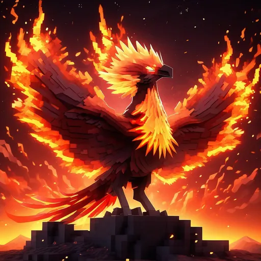 Prompt: minecraft art style, a fierce starry phoenix made of fire that is glowing, flying, flaming head, mouth open, glistening flowing flaming feathers, glowing red eyes, bioluminescent, volcano, eruption, lava, magma, fireballs, sunset, beneath the stars, masterpiece, highres, best quality, concept art, 64k, highly detailed, vibrant, professional, UHD