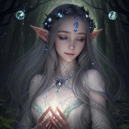 Prompt: Zoom in Portrait Very beautiful ethereal lightelf queen spirit surrounded by many floating orbs of pale light (Masterpiece), long pointed elven ears, gentle eyes and smile, gentle sparks of light, black hair, (Masterpiece), in a dark forest,  very beautiful woman, fantasy, beautiful dancing pose, ominous forest background, realistic flowers and plants,, constellation-like design translucent see through Dress, in forest lovely dark purple hair, cinematic light, beautiful woman, beautiful eyes, long hair, perfect anatomy, very pretty, princess eyes, fantastic, stylised animation, bioluminescent, life size, 32K resolution, human hands, mysterious shape, graceful, almost perfect, dynamic angles, highly detailed, figure sheet, concept Art, smooth, symmetrical, balanced placement, fashion pose, 20s beauty, great hair, overhead space