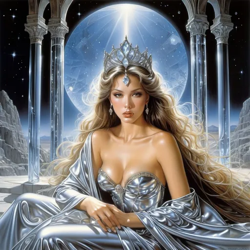 Prompt: Hajime Sorayama, Luis Royo.
Surrealism Mysterious strange fantasy. A beautiful girl with long brown hair decorated with a diamond tiara, as well as with a perfectly voluminous body in a transparent cape, lies on a crystal pedestal, resting her chin in her hands. 
In the background: a cosmic landscape visible through crystal columns and arches. excellent detail, dramatic lighting, super detailed realism, full body art, high quality.