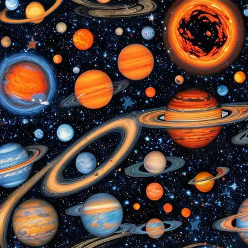 Prompt: orange and blue universe, with planets and stars