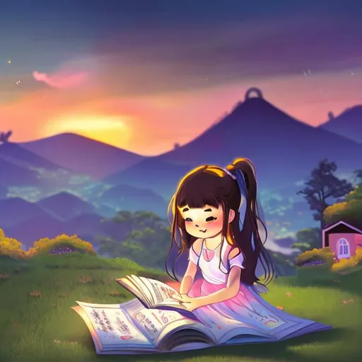Prompt: a cute girl reading book on the green mountain in sunset outside her beautiful house  