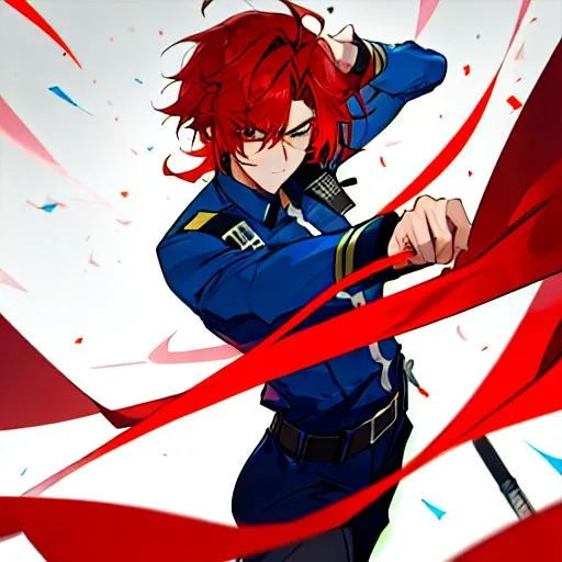 Prompt: Zerif 1male as a male police officer (Red side-swept hair covering his right eye)UHD, 8K, Highly detailed, insane detail, best quality, high quality, wearing a blue male police uniform, anime style
