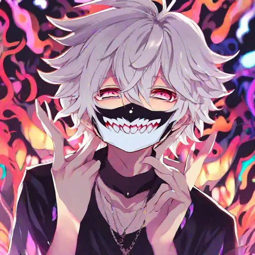 insane, cute anime boy, white wavy hair, smiling, tr...