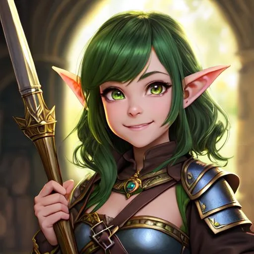 Prompt: oil painting, D&D fantasy, goblin girl, green-skinned-female, small, beautiful, short bright brown hair, wavy hair, smiling, pointed ears, looking at the viewer, cleric wearing intricate adventurer outfit, #3238, UHD, hd , 8k eyes, detailed face, big anime dreamy eyes, 8k eyes, intricate details, insanely detailed, masterpiece, cinematic lighting, 8k, complementary colors, golden ratio, octane render, volumetric lighting, unreal 5, artwork, concept art, cover, top model, light on hair colorful glamourous hyperdetailed medieval city background, intricate hyperdetailed breathtaking colorful glamorous scenic view landscape, ultra-fine details, hyper-focused, deep colors, dramatic lighting, ambient lighting god rays, flowers, garden | by sakimi chan, artgerm, wlop, pixiv, tumblr, instagram, deviantart