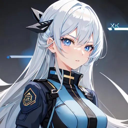 Prompt: A  girl soldier mathematician that in anime like style and has a big blue eyes with long lashes pointy nose and cute lips and has gray hair that has black highlight at the and a cool clothes and her background is math signs and has a plain color and in half body display and has a define outline in all parts (AAM)