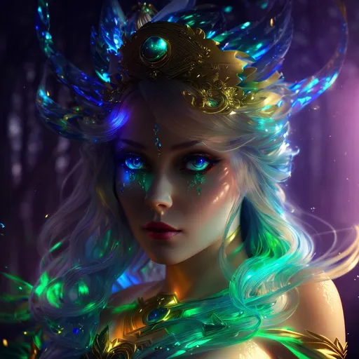 Prompt: 3D HD dramatic cinematic lighting [({one}{(Beautiful benevolent {goddess}female liquid}, expansive magical forest background, hyper realistic, 8K --s98500