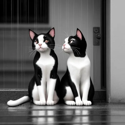 Prompt: Black and white Cats sitting watching rain

