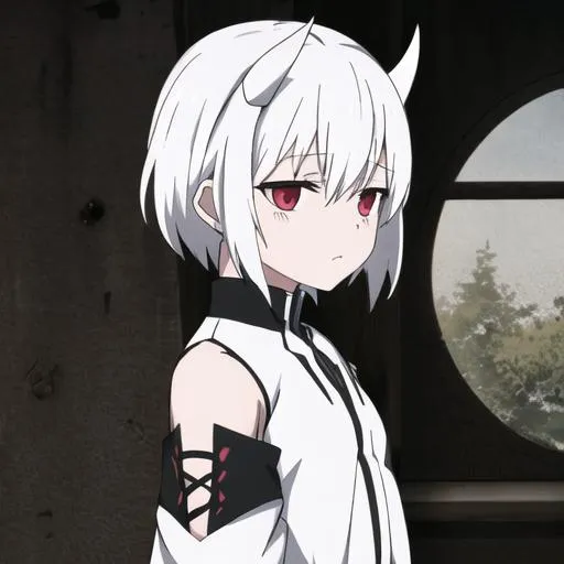 Prompt: Zaley 1female (white hair) {white demon horns} child, 10 years old, wearing a torn clothes