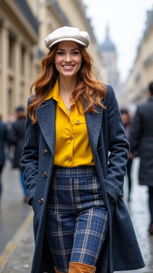 Prompt: (Stunning olive-skin French woman), walking on a (crisp winter day) in (Paris), with (Notre Dame) in the background, showcasing her elegant charm and beauty, warm friendly smile, (silky auburn-cinnamon hair), wearing a chic (white beret), fashionable outfit with a (blue & yellow tweed coat), bright (yellow blouse), stylish (blue plaid above the knee skirt), and (tall brown suede boots), navy purse, featuring curvy figure, captured in (photorealistic 8k), emphasizing (high detail & quality). The ambiance is (charming) and (elegant).