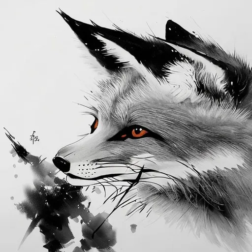 Prompt: Japanese brush art black and white of a fox