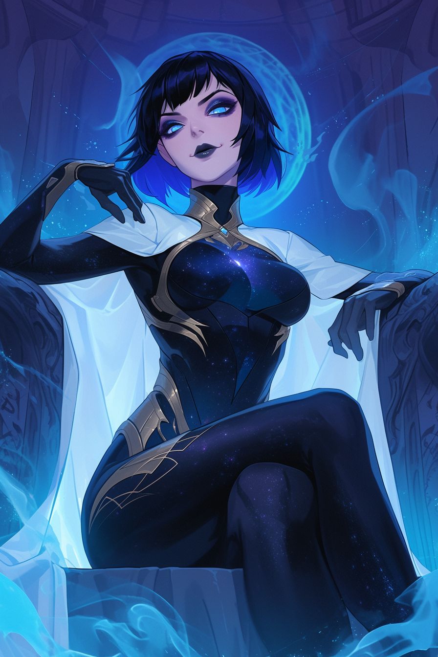 Prompt:  Young woman, cosmic queen, black bob cut hair with gold gradient, bangs, deep blue eyes, black eye shadow, black khol, black eyeliner, black lipstick, pale skin, big eyes. Wearing white drape over a tight bodysuit with nebula patterns. The bodysuit is full body with gloves. Bright halo. Space background, obsidian throne surrounded with smoke. She has feminine curves, plump lips, superior smirk, cruel smile, gorgeous face, beautiful eyes, plump lips, curves, and dim lighting, sitting on her throne like a lady. Detailed lines, action-packed cartoons, dnd character, mythology academia, vibrant colors, league of legends art style.