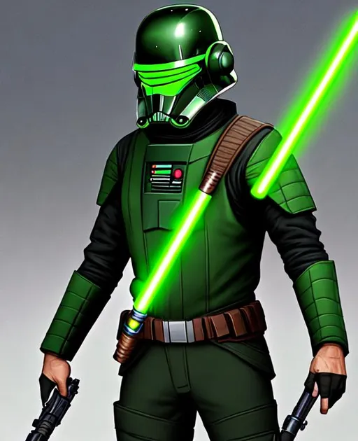 Prompt: Digital Art, 26-year-old man on Lothal in Star Wars, green lightsaber, green eyes, short brown hair, star wars pilot, green gear, gear armor, tactical belt, long sleeve shirt, brown pants, unreal engine 8k octane, full body, full gear