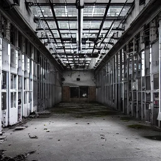 Prompt: i need a cover for my hard techno album. It has to be something like an abandoned factory. With something mysterious with it