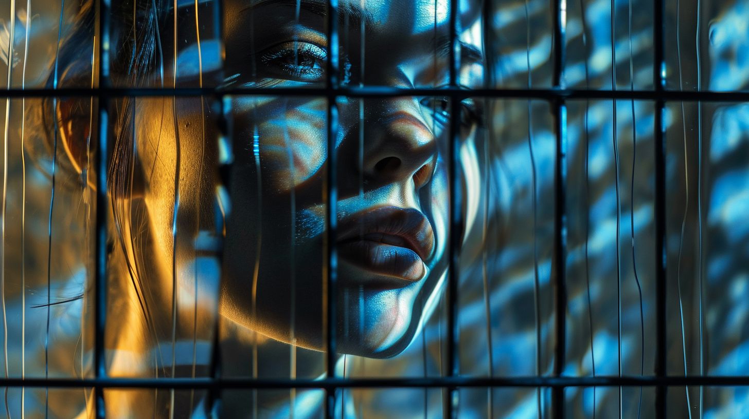 Prompt: her face is against a curtain of black bars, in the style of airbrush art, light bronze and dark blue, neon grids, made of glass, taras loboda, timeless beauty, symmetrical grid