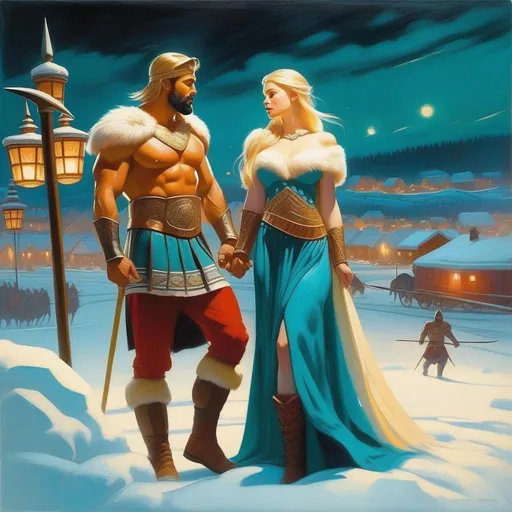 Prompt: King Leonidas impregnating Saami girl, pale skin, blonde hair, teal eyes, Stockholm at night, cold atmosphere, cartoony style, extremely detailed painting by Greg Rutkowski and by Henry Justice Ford and by Steve Henderson 

