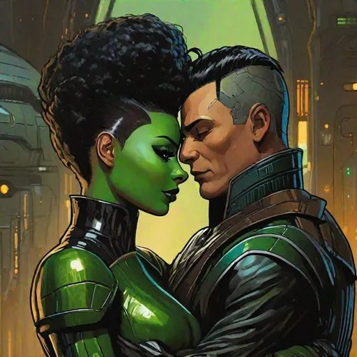 Prompt: An adult man, scifi pilot cyborg. with extremely short slicked back brown pompadour undercut hair with trimmed whiskers, futiristic fully dark entirely jet black leather jacket. well drawn face. green feline eyes, he is hugging A green skinned scifi green female woman with green skin. with short black hair. mandalorian uniform. she has green skin. well drawn green face. detailed. green character, green race, detailed. star wars art. 2d art. 2d, completely matte,