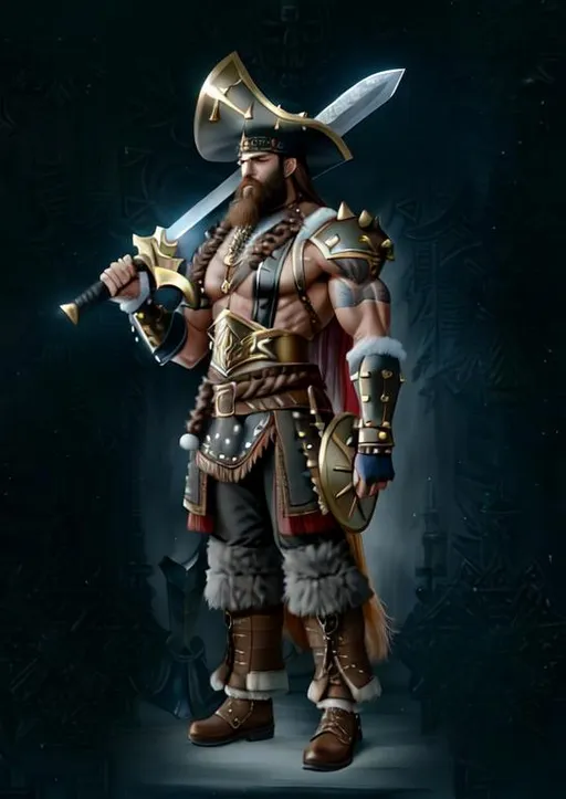 Prompt: Extremely Muscular Realistic Bearded Barbarian Warrior wearing a hat, bone studded clothes, holding a sword resting on his shoulder, Symmetrical face, broad shoulders, very large arms, high cheekbones, 2k, dark muted lighting