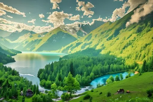Prompt: This stunning image captures a tranquil lake surrounded by lush green mountains and trees. The sky is filled with white, fluffy clouds that contrast beautifully against the bright yellow background. A river can be seen running through the valley below, winding its way between the towering peaks of the mountain range in the distance. The sun is shining brightly on this idyllic scene, illuminating everything in sight with its warm light.