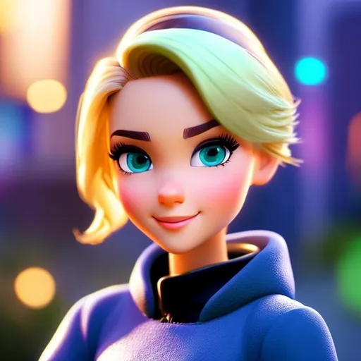 Prompt: Disney, Pixar art style, CGI, girl with short Blond hair in a ponytail, blue/green eyes, light skin, black glass, young square face