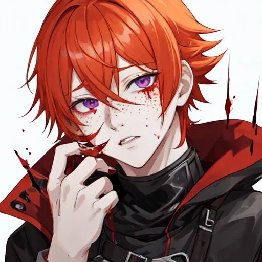 Prompt: Erikku male adult (short ginger hair, freckles, right eye blue left eye purple)  UHD, anime style, covered in blood, psychotic, covering his face with his hands, face covered in blood and cuts