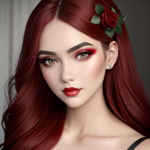 Prompt: Beauty, Beautiful and Gorgeous red roses in hair, pretty makeup, facial closeup