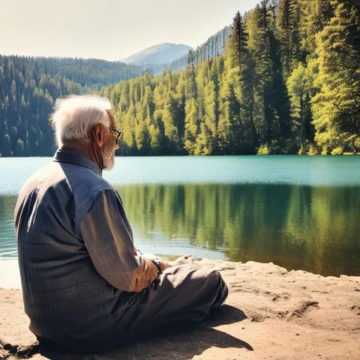 Prompt: An old man waiting at lake for his ascension