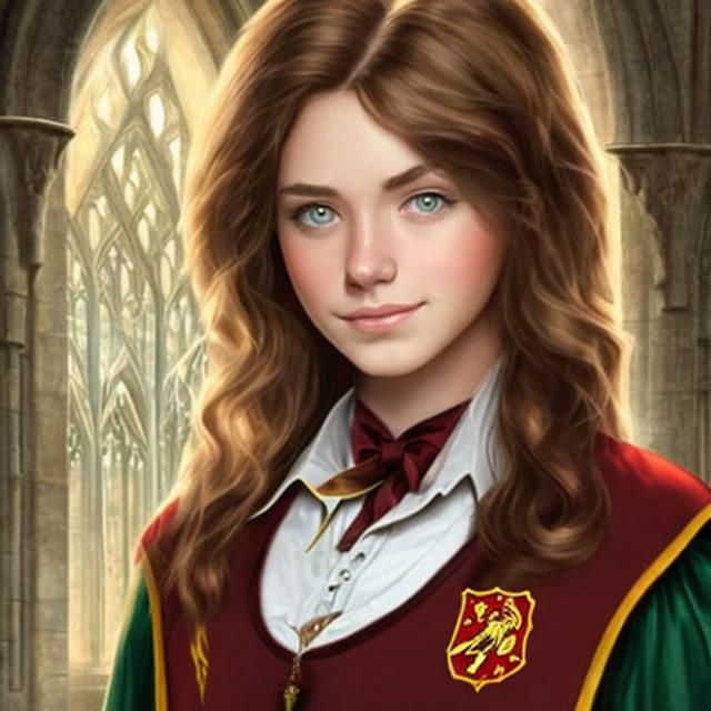 brown-haired, green-eyed beautiful woman as a Gryffi...