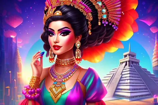 Prompt: head-on, surreal cartoon, high fashionista pose, glossy, walking toward viewer, stunning Mayan dancer, she is dressed like a summer queen, dramatic jewelry, statement necklace, background is architecture lit by the moon,  trending on artstation