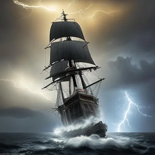 flying dutchman ship in a realistic lightning storm | OpenArt