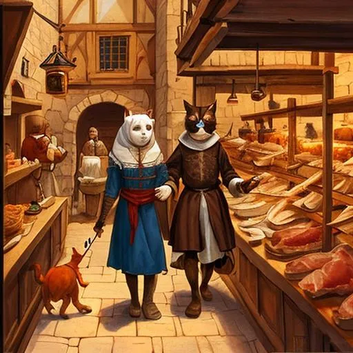 Prompt: cats dressed in medieval clothes walking around a medieval butcher shop. Wide angle. Warm colors. Heroic fantasy art.