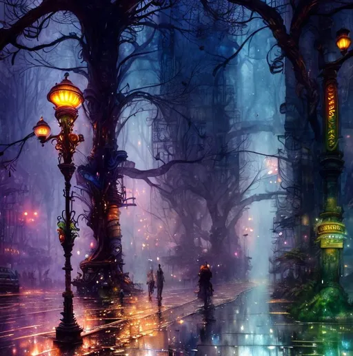 Prompt:  Fantasy Forest trees, Watercolor, steampunk, New York City street,  near death experience, buildings,  trees, tall trees along street, storefront, sunrise, petals rain, watercolor , New York City,  art by Daniel Merriam, Josephine Wall, Jeremy Lipkin,  Alayna Danner,  super clear resolution,  intricate, highly detailed, crispy quality, dynamic lighting, hyper-detailed and realistic, fantastic view