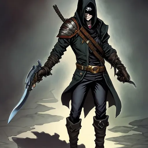 Prompt: A male human rogue wearing black with a revolver in hand. facing to the right with a hood up.  full body image. Dungeons and dragons character