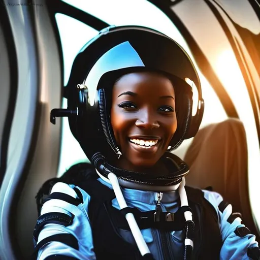 Prompt: sci fi pilot 
sub-Saharan african female 28 years old in sleek black flight suit smiling 