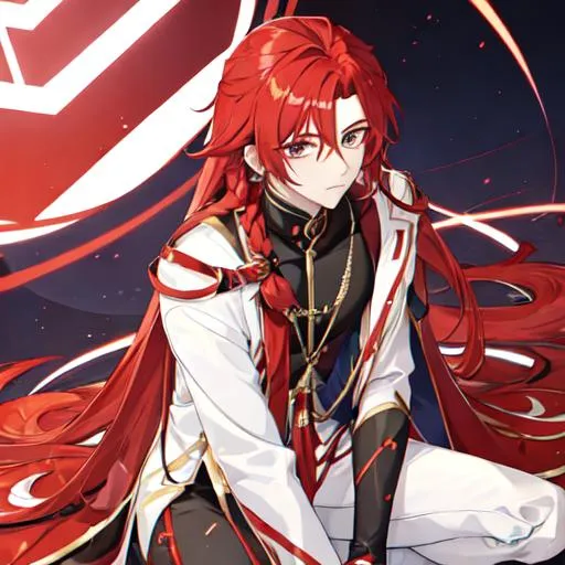 Prompt: Zerif 1male (Red side-swept hair covering his right eye) on one knee