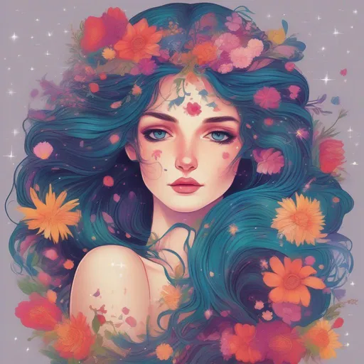 Prompt: Colorful and beautiful Persephone with hair that is made out of the stars and flowers