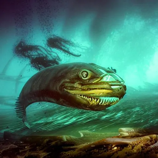 Large creepy sea creature under water, Marley green... | OpenArt