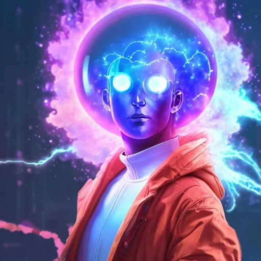 Prompt: a psychologically styled transparent bright person with a visible head with plasma ball above the their head. Show half the upper body of the person to the purple plasma ball.