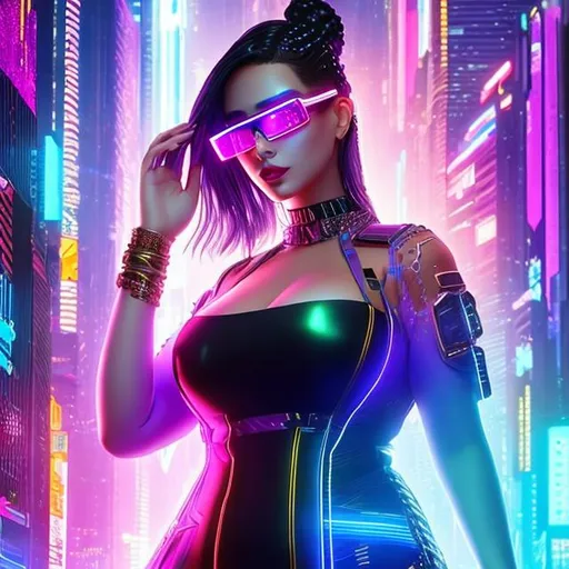 Prompt: ((high-quality)) ((high-detail)) ((highly-detailed)). cyberpunk, an augmented female {bbw}, sorceress. wearing a dress and sunglasses, a hologram, purple 
leather body suit, pixel sort, triadic colors, checkered pattern. posing for a picture. rpg art. 2d. 2d art.