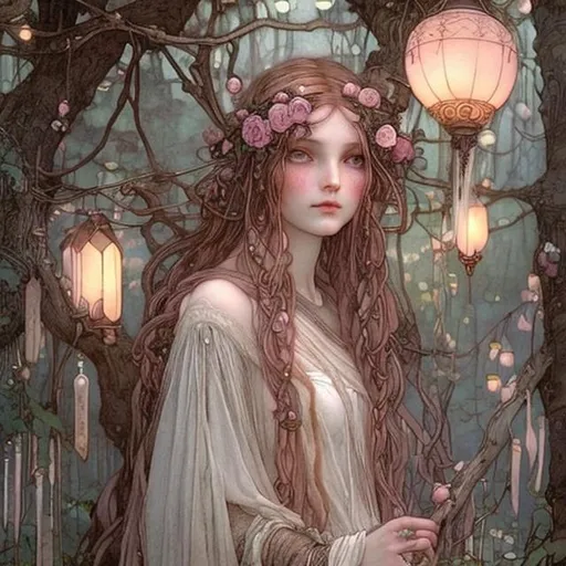 Prompt: Druid witch girl with rose gold pinkish hair and detailed delicate  pretty face in a perched high in a tree branch with Hanging lanterns by John Bauer and John William Waterhouse high contrast colorful storybook illustrations braids in hair dark and mysterious 