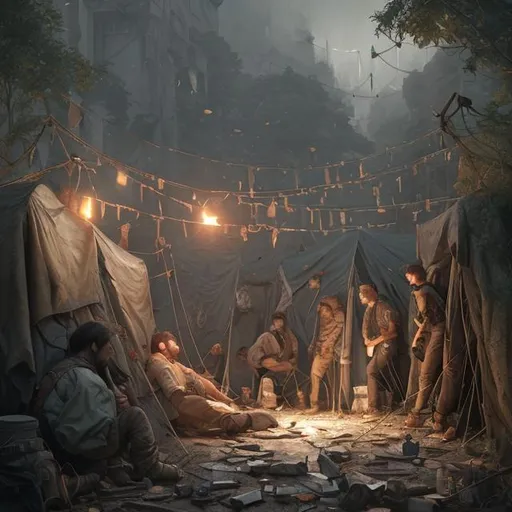 Prompt: Prisoners shackled by tents, highly detailed, d & d, fantasy, highly detailed, digital painting, trending on artstation, sharp focus, illustration, global illumination, ray tracing,  art by artgerm and greg rutkowski and fuji choko and viktoria gavrilenko and hoang lap

