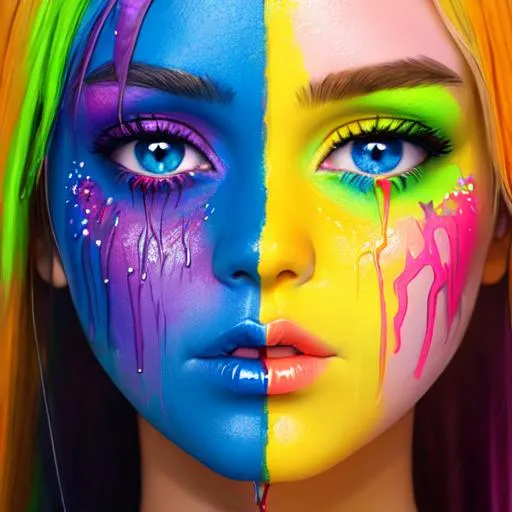Prompt: female face dripping  paint in rainbow colors, blue eyes, facial closeup