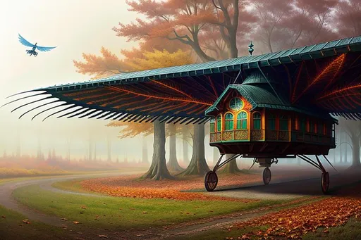 Prompt: surreal concept art of a strange winged cabin flying in an autumnal forest, foggy, gloomy, lots of details, intricate scene, correct, digital painting, fine tuned,  64k