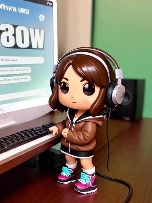 Prompt: cute funko pop female figure, below shoulder length wavy dark brown hair, brown eyes, holding a keyboard, wearing a headset, wearing a black hoodie